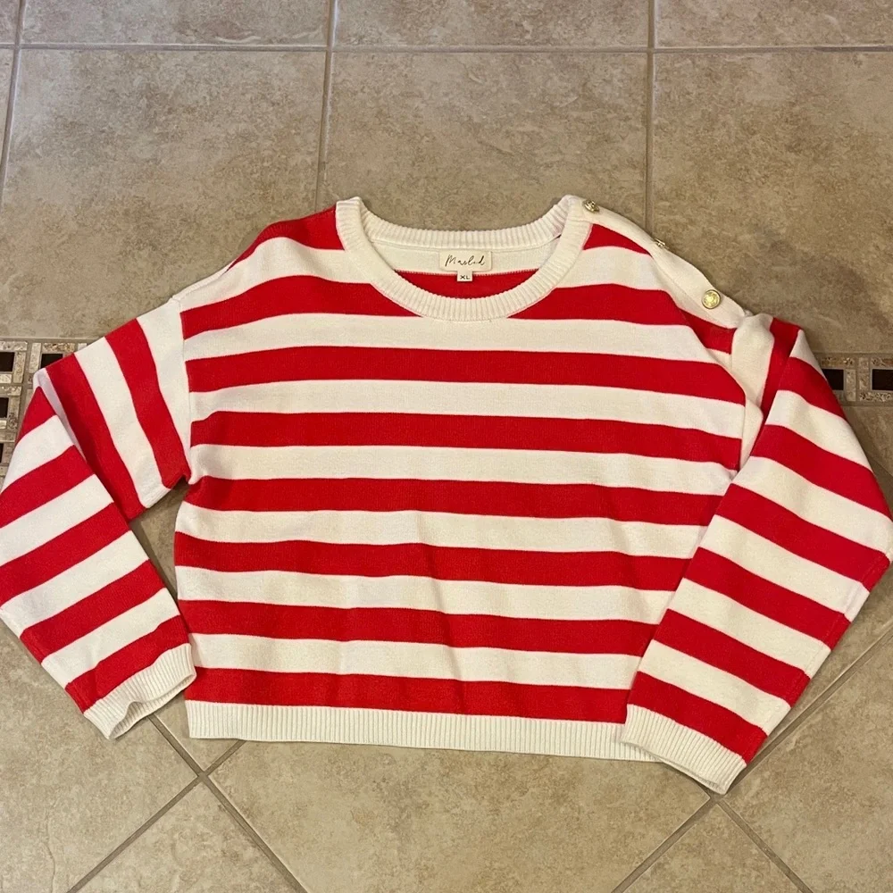 Marled Red and White Striped Sweater XL - Picture 4 of 10